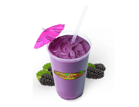 A colorful purple smoothie topped with a small pink umbrella, surrounded by blackberries. Refreshing drink suitable for summer menus.