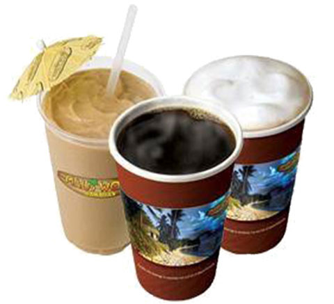 Three beverages arranged together: a light iced coffee with a straw and umbrella, a dark coffee, and a creamy coffee drink. Perfect for showcasing café offerings.