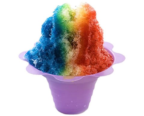 Colorful rainbow snow cone in a purple cup, showcasing vibrant layers of blue, green, yellow, orange, and red. Ideal for summer treats.