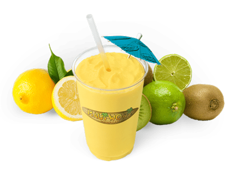 Vibrant smoothie in a clear cup garnished with a small blue umbrella, surrounded by fresh lemons, limes, and kiwis, highlighting a refreshing beverage option.