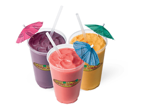 Three colorful smoothies in clear cups, each topped with a small umbrella. Flavors include purple, orange, and pink, highlighting a refreshing beverage option.