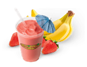 Strawberry-banana smoothie in a cup garnished with a small umbrella, paired with fresh strawberries and bananas. Refreshing summer drink option.